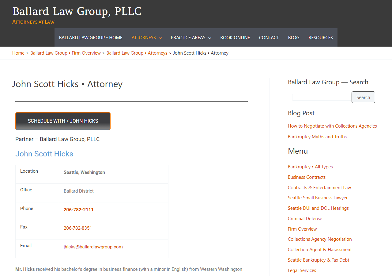 John Scott Hicks attorney page, Ballard Law Group
