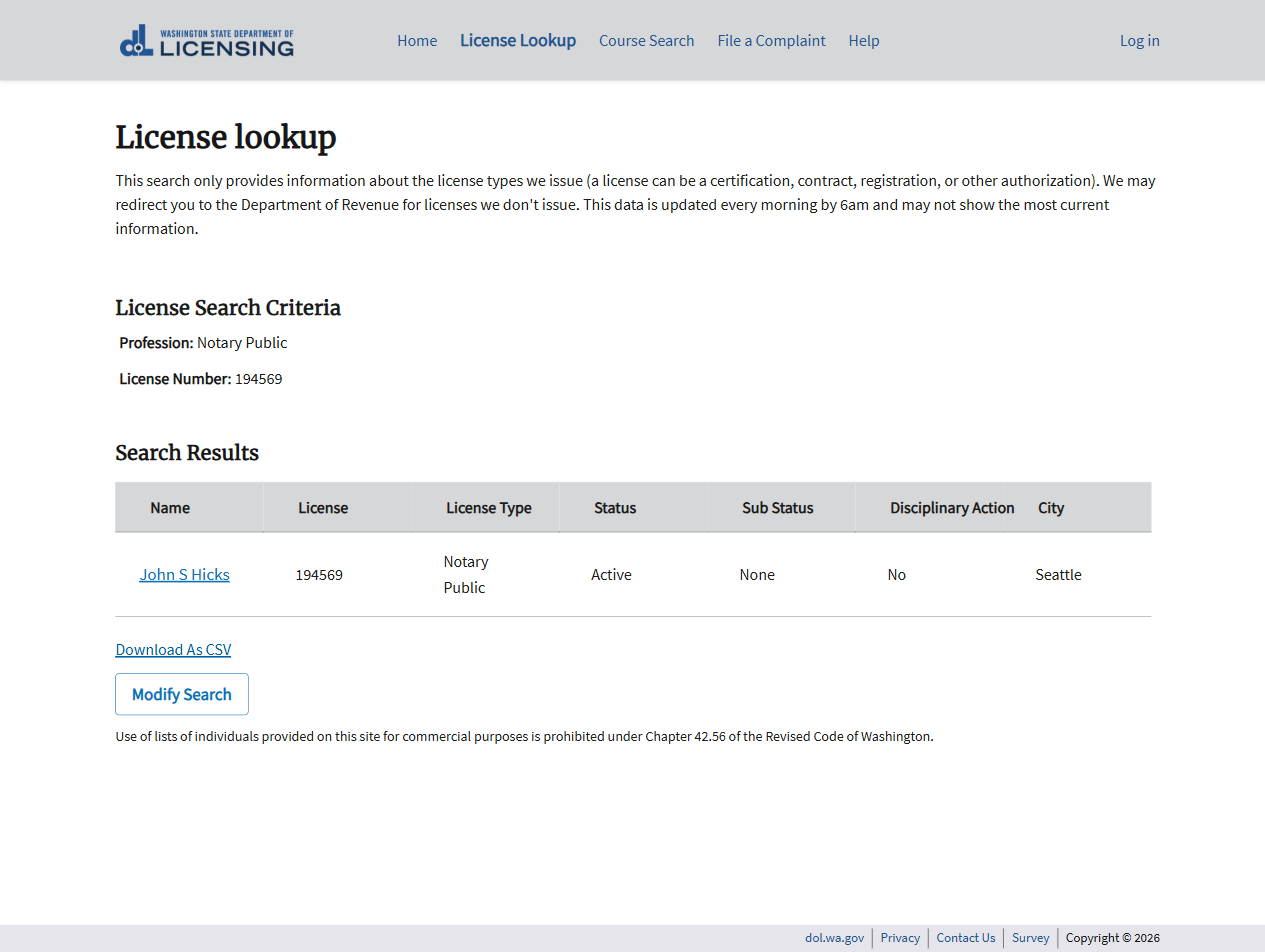 WA DOL notary lookup - Hicks